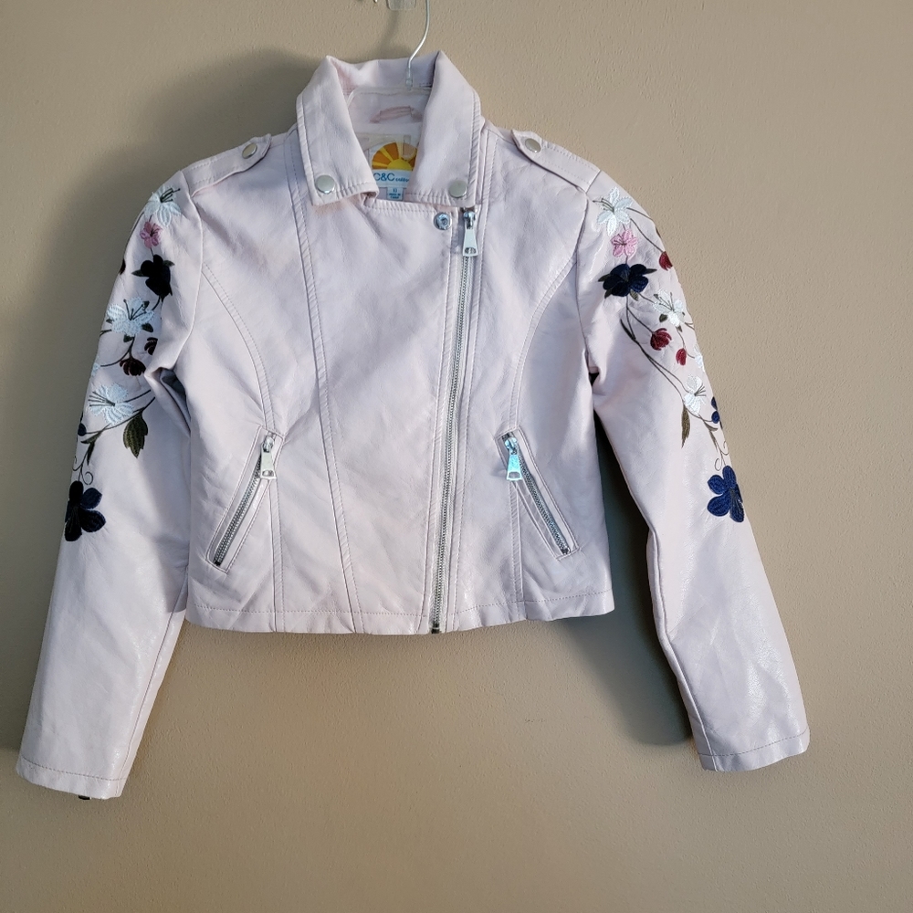C&C California Pink Faux Leather Moto Jacket Embroidered Flowers Size 10